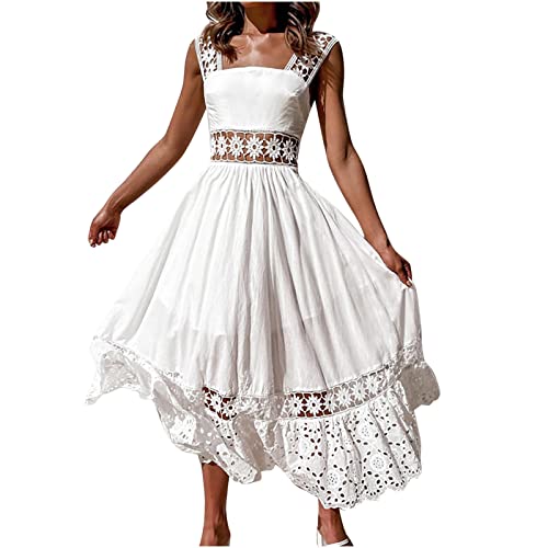 Sisifa Maxi Kleider Damen Sommer Aushöhlen Einfarbig Spitze Lang Kleid Boho Strandkleider Sommerkleid Tiefem V-Ausschnitt Flowy Swing Kleid, E-weiß, M von Sisifa