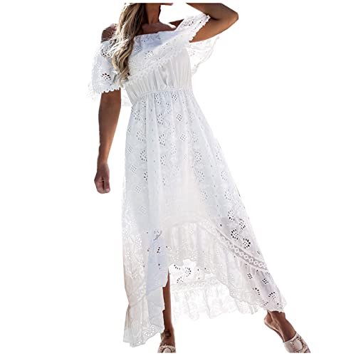 Sisifa Maxi Kleider Damen Sommer Aushöhlen Einfarbig Spitze Lang Kleid Boho Strandkleider Sommerkleid Tiefem V-Ausschnitt Flowy Swing Kleid, M-weiß, XL von Sisifa