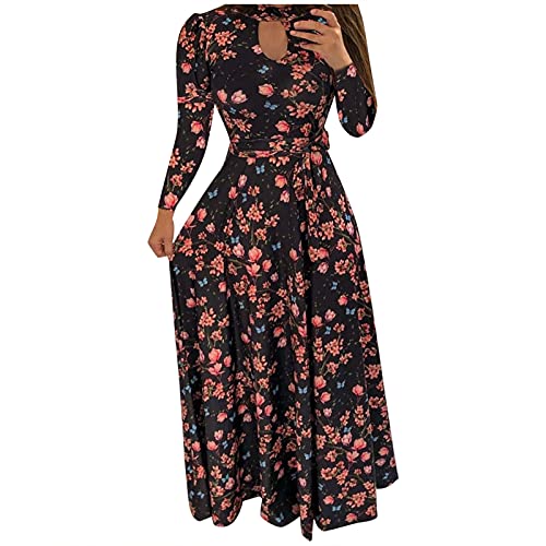 Sisifa Maxikleider Damen Langarm, Damen Cocktailkleid Rundhals Sommerkleid Strandkleider Elegant Casual Langes Kleid Wickel Maxikleid Partykleid mit Gürtel von Sisifa