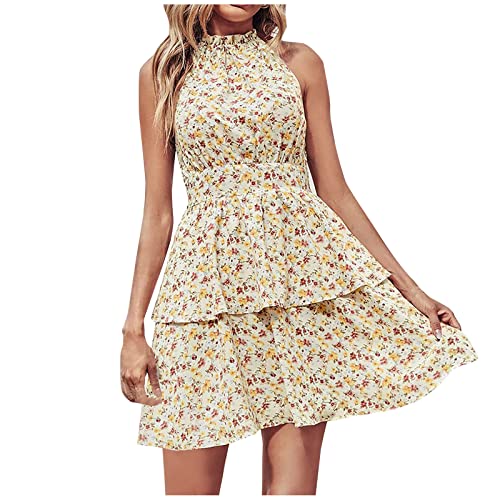 Sisifa Sommerkleid Damen Ärmellos Abendkleid Kurzes Casual Neckholder Rüschen Polka Dot Sommer Boho Kleid Strandkleid Partykleid Minikleid mit Gürtel, D-beige, M von Sisifa