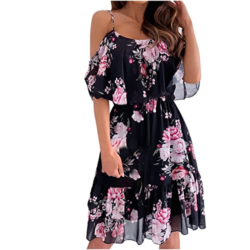 Sisifa Sommerkleid Damen Ärmellos Abendkleid Kurzes Casual Neckholder Rüschen Polka Dot Sommer Boho Kleid Strandkleid Partykleid Minikleid mit Gürtel, E-schwarz, M von Sisifa