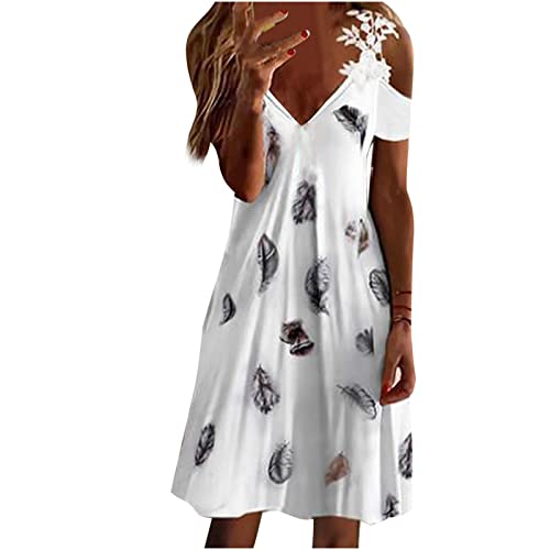 Sisifa Sommerkleid Damen Knielang Lässiges Blumen Boho Spitze Sling V-Ausschnitt Tunika Kleid Mini Kurz A Linie Strandkleid Sonnenkleider Schulterfrei Blusenkleid, E-weiß, XL von Sisifa