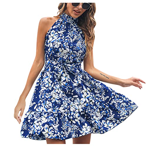 Sisifa-Sommerkleid damen Ärmellos Abendkleid Kurzes Casual Neckholder Rüschen Polka Dot Sommer Boho Kleid Strandkleid Partykleid Minikleid mit Gürtel, XL, B-blau von Sisifa