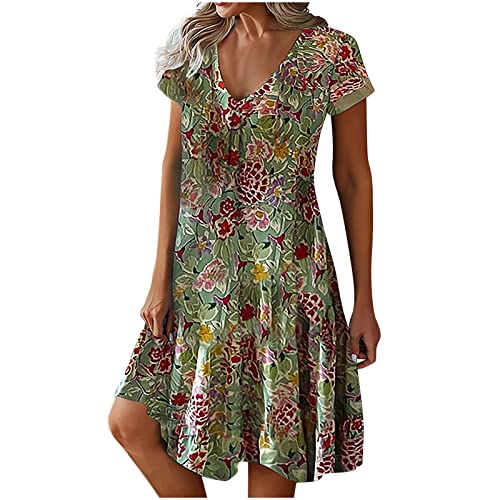 Sommer Kleid für Damen Kurzarm V-Ausschnitt Strandkleid Plissee Blumendruck Freizeitkleid Swing A-Linie Kurze Kleider Loose Fit Sommerkleid Blusenkleid von Sisifa