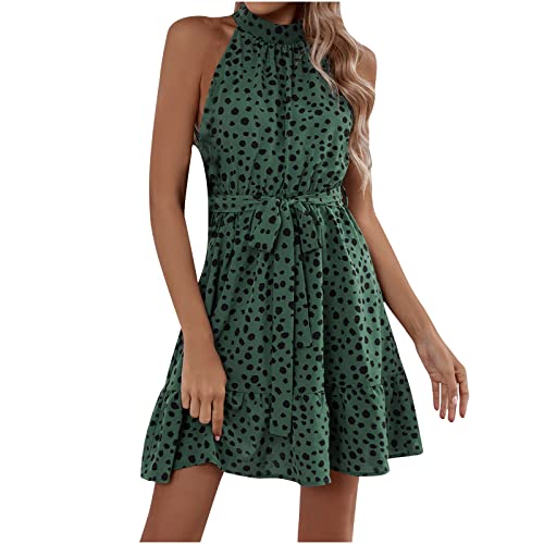 Sommerkleid Damen Ärmellos Abendkleid Kurzes Casual Neckholder Rüschen Polka Dot Sommer Boho Kleid Strandkleid Partykleid Minikleid mit Gürtel von Sisifa