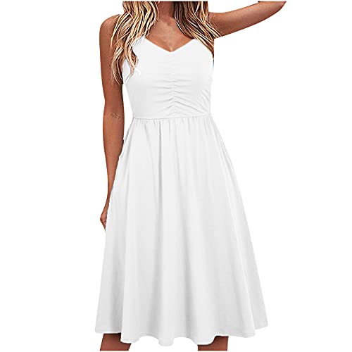 Sommerkleid Damen Knielang, Damen Leichte Sommerkleider Elegant Blumenkleid V-Ausschnitt Kleid Strandkleider Ärmellos Swing Midi Sommerkleid Partykleid Freizeitkleider von Sisifa