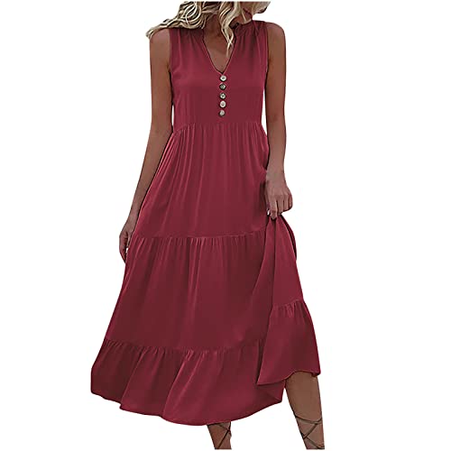 Sommerkleid Damen Lang, Damen 2023 Sommer Boho Ärmellos Rüschen Tiered Strandkleid Maxikleid V-Ausschnitt Knöpfe A Linie Casual Party Langes Kleid von Sisifa