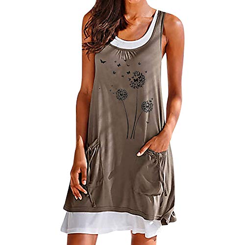 Sommerkleid Damen Midi Ärmellos Knielang Boho A-Linie Kleid U-Ausschnitt Casual Strand Kleider Lose Minikleid Strandkleider (M, Q-Khaki) von Sisifa