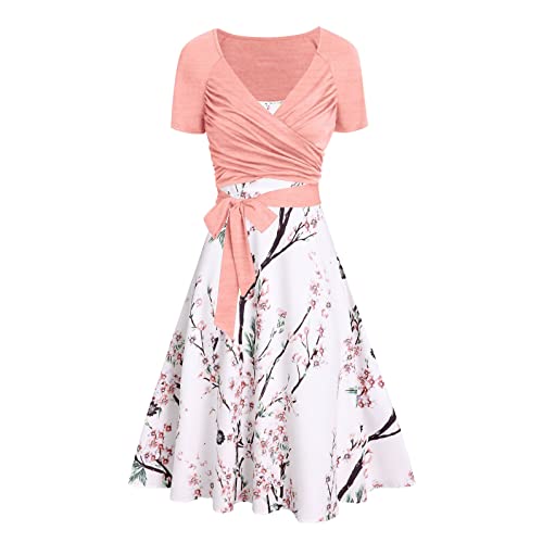 Sommerkleid Damen Self Tie Waist Kurzarm Casual Bluse Tops mit Spaghetti Strap A Line Floral Cocktailkleid 2-teilige Sets von Sisifa