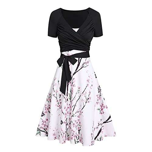 Sommerkleid Damen Self Tie Waist Kurzarm Casual Bluse Tops mit Spaghetti Strap A Line Floral Cocktailkleid 2-teilige Sets von Sisifa