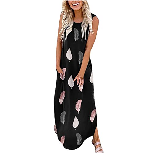 Sisifa Sommerkleider Damen Casual ärmellos Rundhalsausschnitt Swing Sommerkleid fließendes Tank Lang Kleider Maxikleid Strandkleid Partykleid Locker, A-schwarz, XXL von Sisifa