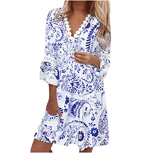 Spitze Sommer Kleider Damen Strandkleid Knielang Boho Floral Gedruckt Glocke Ärmel Sommerkleid 2023 Lässig V-Ausschnitt Urlaubskleid Tunika Kleid von Sisifa