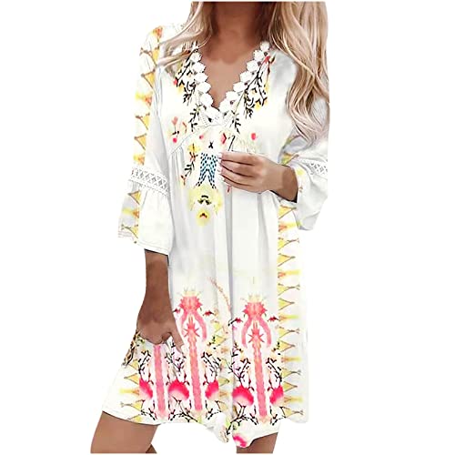 Spitze Sommer Kleider Damen Strandkleid Knielang Boho Floral Gedruckt Glocke Ärmel Sommerkleid 2023 Lässig V-Ausschnitt Urlaubskleid Tunika Kleid von Sisifa