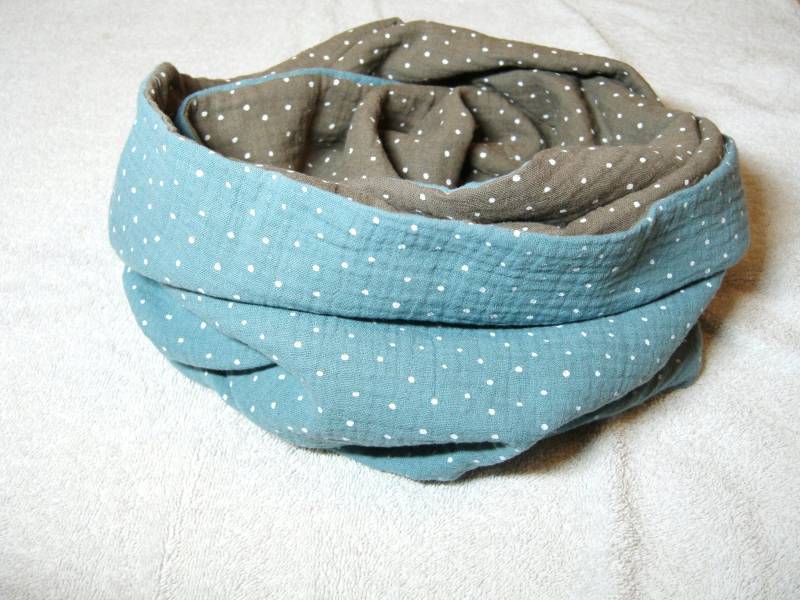 Musselin Schal Loop Double Pea Gauze Taupe Blau Blaugrau Punkte Pünktchen Dots Zweifarbig Wendeloop Oekotex 100 von SissiundFroschkoenig