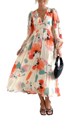 Sissyaki Damen 2024 Langarm Boho Floral Maxikleid V-Ausschnitt Casual Langes Kleid, 1#a-rot-aquarell, Mittel von Sissyaki