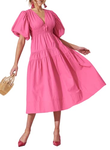 Sissyaki Damen Boho Floral Midi Kleid Smocked Beach Flowy Kleid, 1#Solid Pink, Klein von Sissyaki