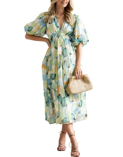 Sissyaki Damen Boho Floral Midi Kleid Smocked Beach Flowy Kleid, Grüner Druck, Groß von Sissyaki