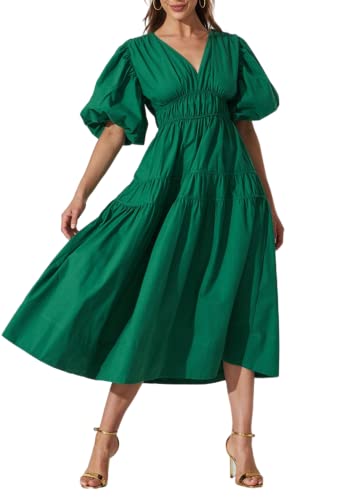 Sissyaki Damen Boho V-Ausschnitt Maxikleid Hohe Taille Herbst Winter Langes Kleid, 1#Solid Green, X-Groß von Sissyaki