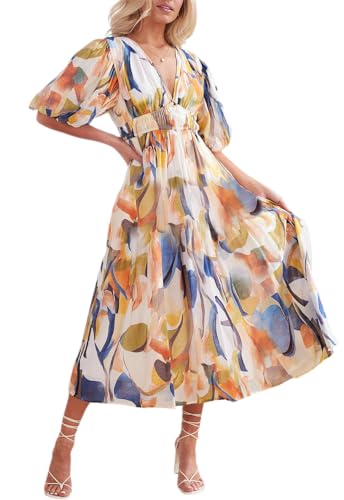 Sissyaki Damen Boho V-Ausschnitt Maxikleid Hohe Taille Herbst Winter Langes Kleid, Blauer Aufdruck 1, Klein von Sissyaki
