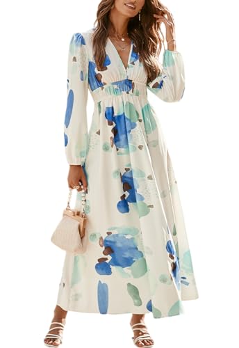 Sissyaki Damen Langarm Boho Floral Maxikleid Gesmokt Strand Flowy Kleid, Z#blau-Aquarell, X-Groß von Sissyaki