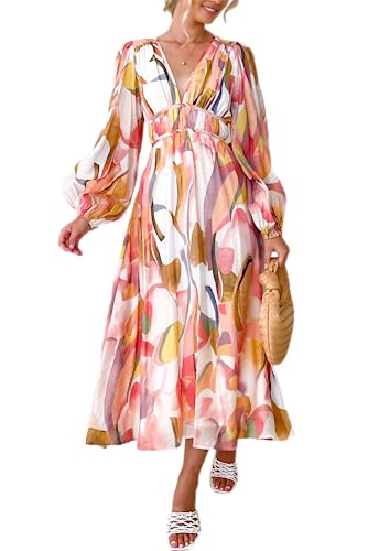 Sissyaki Damen Langarm Boho Floral Maxikleid Gesmokt Strand Flowy Kleid, Z#pink-aquarell, X-Groß von Sissyaki