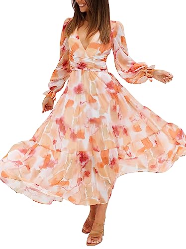 Sissyaki Damen Langarm Boho Floral Maxikleid Gesmokt Strand Flowy Kleid, Z#z_peach Pink Aquarell, Mittel von Sissyaki