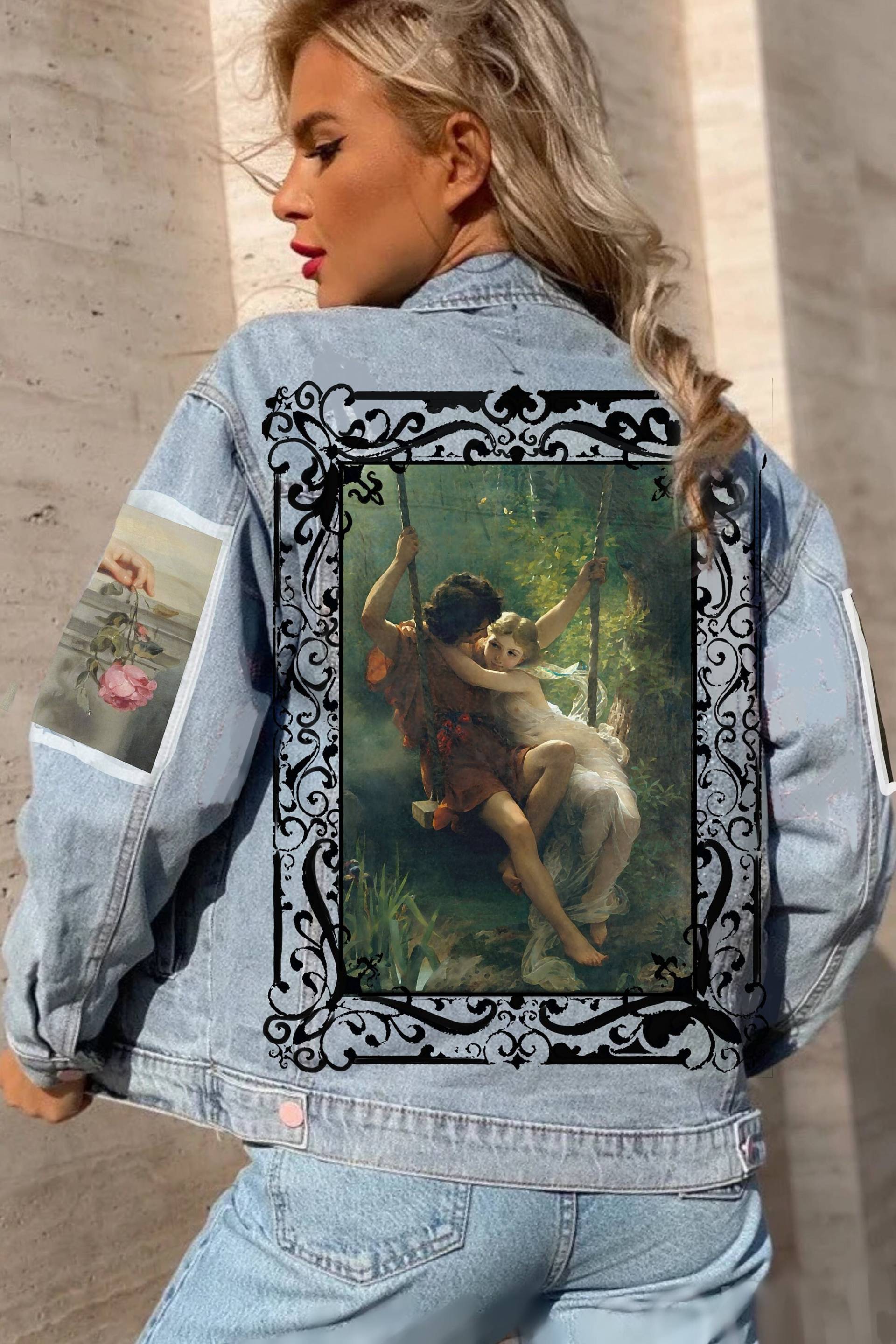 Handbemalte Jeansjacke | Gemälde Der Kuss Von Francis Ayets Mit Kunst Personalisiertes Design Hände Renaissance Frühling Pierre von SistDesign