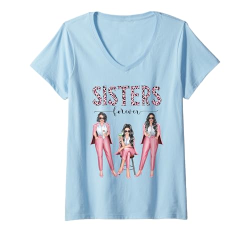 Damen Sisters Leopard Pink Besties Forever Three Damen beim Trinken T-Shirt mit V-Ausschnitt von Sisters Leopard Pink Besties Forever Three Lady