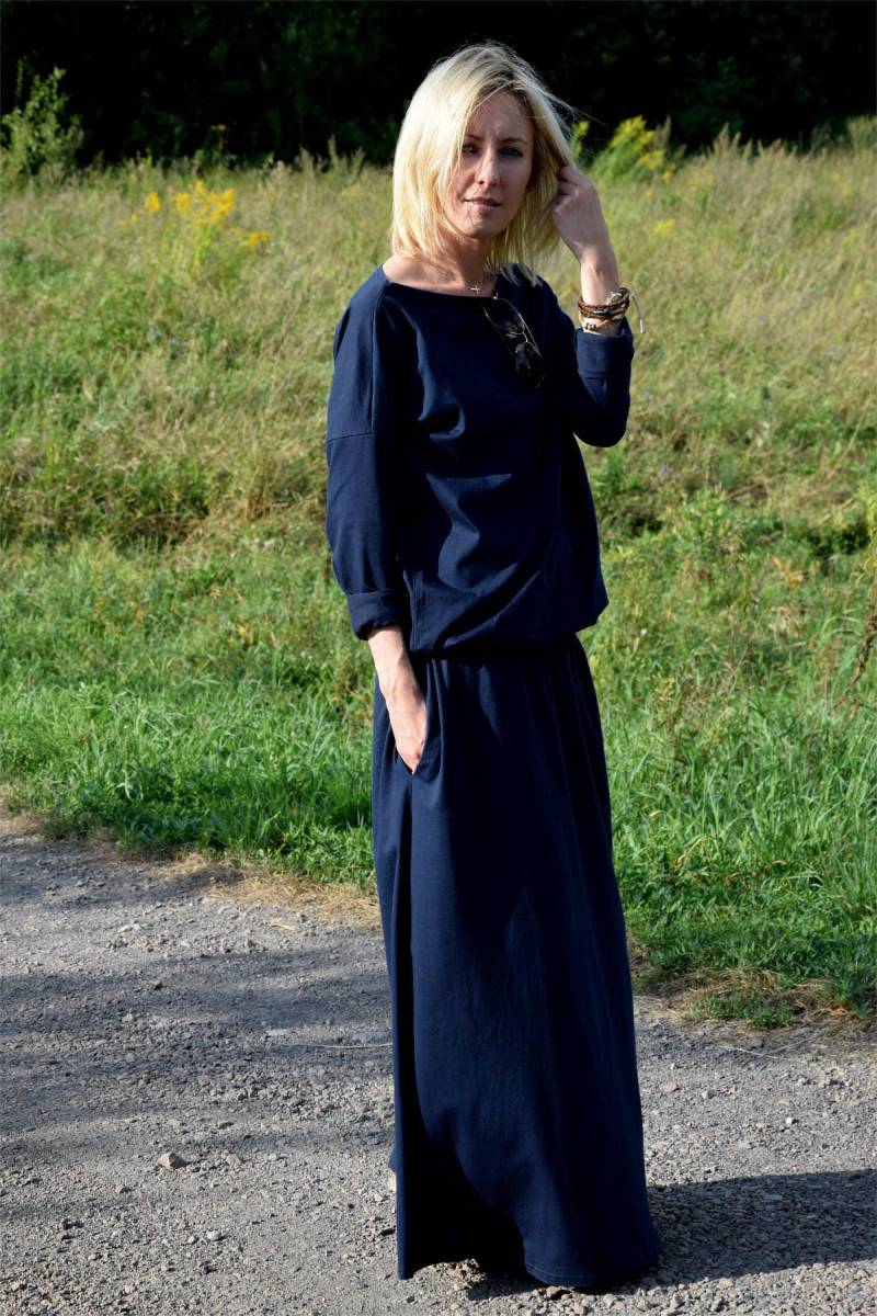 Baumwolle Maxi Kleid Mit Taschen - U-Boot-Ausschnitt Langarm Casual von SistersBrand