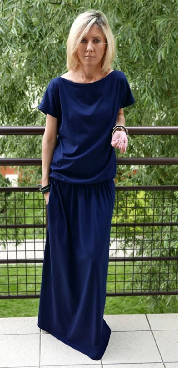 Baumwoll Maxi Kleid Mit Taschen/Marineblaues Langes Größe S-xxl Cleo von SistersBrand