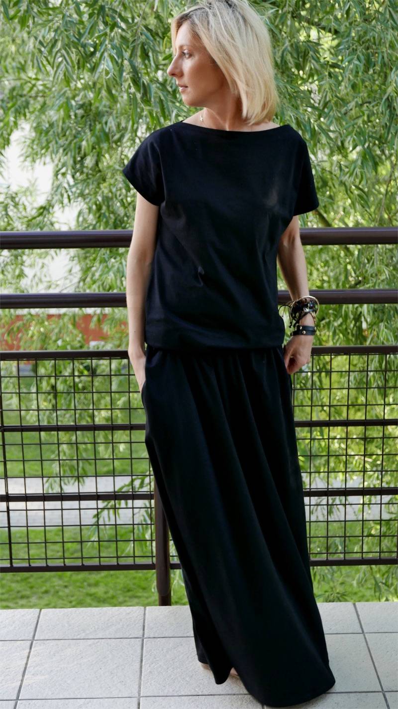 Baumwoll Maxi Kleid Mit Taschen/Schwarzes Langes Größe S-xxl Cleo von SistersBrand