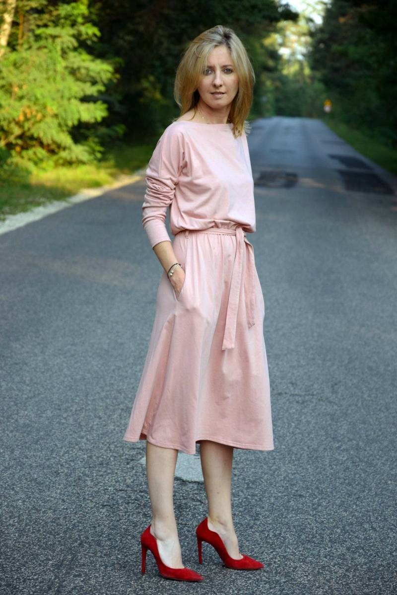 Baumwoll Midi Kleid Mit Gürtel, Langarm Casual Taschenkleid, Rose von SistersBrand