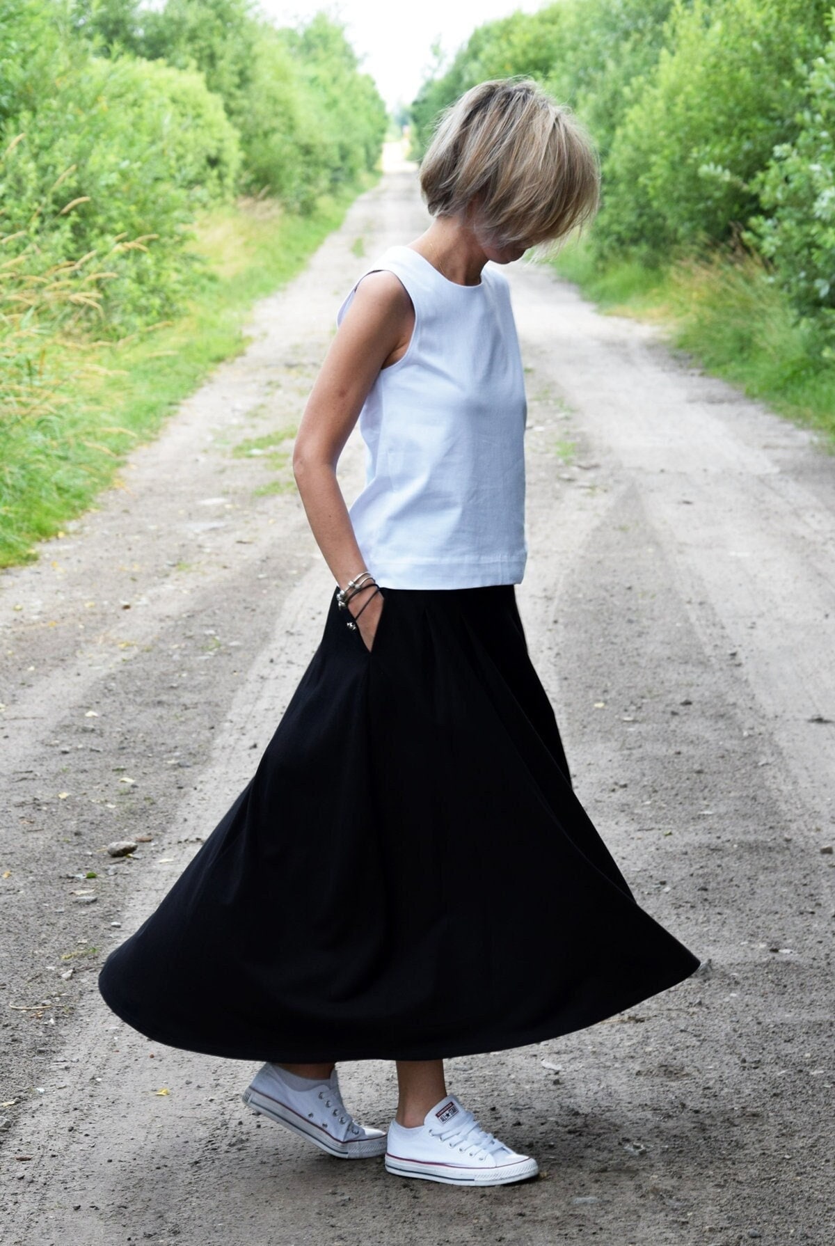 Schwarzer Baumwoll Maxi Rock, Handgemachter A-Linien-Rock Mit Taschen, Roma von SistersBrand