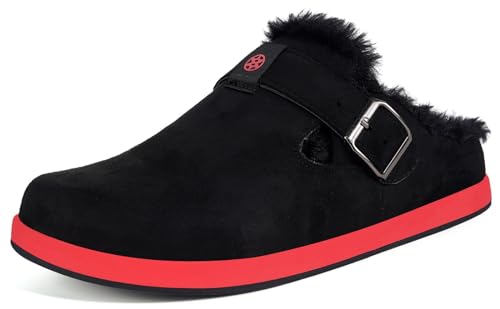 Sisttke Clogs Gefüttert Herren Damen Warme Hausschuhe Lined Suede Pantoletten Winter Slipper rutschfest, Schwarz Rot, 44 EU von Sisttke