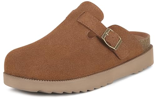 Sisttke Damen Clogs Plattform Hausschuhe Leder Mules Pantoletten rutschfest Bequeme Gartenschuhe Schlappen,Braun-Schnalle,39 EU von Sisttke