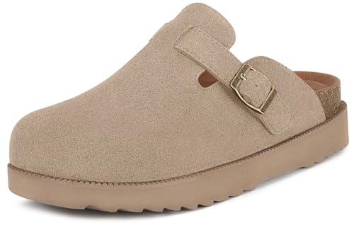 Sisttke Damen Clogs Plattform Hausschuhe Leder Mules Pantoletten rutschfest Bequeme Gartenschuhe Schlappen,Kaffee-Schnalle,38 EU von Sisttke