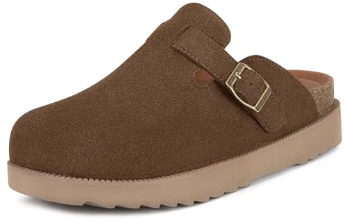 Sisttke Damen Clogs Plattform Hausschuhe Leder Mules Pantoletten rutschfest Bequeme Gartenschuhe Schlappen,Kaffee-Schnalle,40 EU von Sisttke