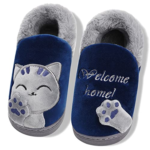 Sisttke Hausschuhe Damen Herren Plüsch Pantoffeln Warm Weich Bequem Winterhausschuhe, Katze Blau, 44/45 EU, Tag 4445 von Sisttke