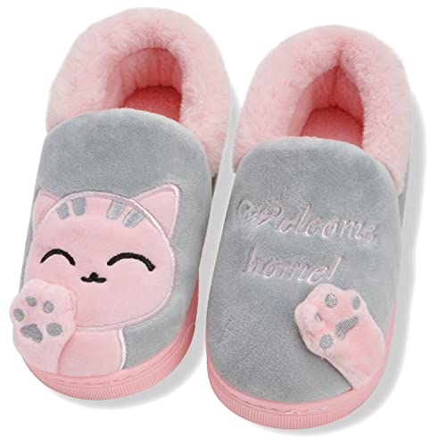 Sisttke Junge Hausschuhe Kinder Plüsch Warm Mädchen Pantoffeln rutschfest Winter Slipper, Katze Grau, 18/19 EU, Tag 140 von Sisttke