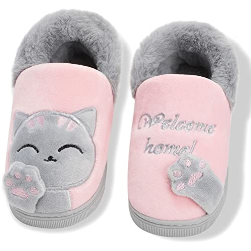 Sisttke Junge Hausschuhe Kinder Plüsch Warm Mädchen Pantoffeln rutschfest Winter Slipper, Katze Pink, 18/19 EU, Tag 140 von Sisttke