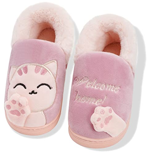 Sisttke Junge Hausschuhe Kinder Plüsch Warm Mädchen Pantoffeln rutschfest Winter Slipper, Katze Rot, 18/19 EU, Tag 140 von Sisttke