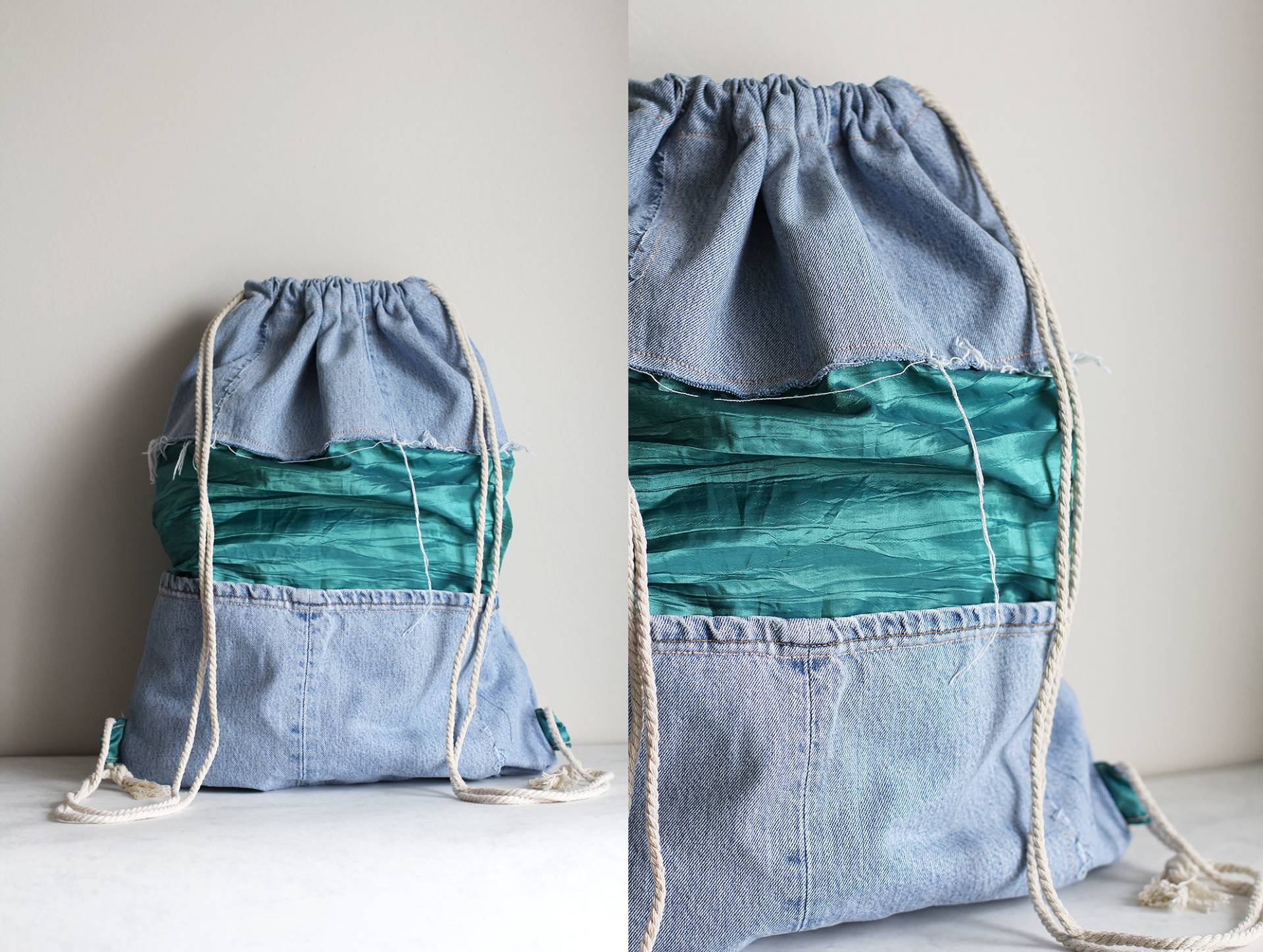 Denim Kordelzug Rucksack Aus Levi's Jeans, Mit Glänzenden Grünen Details Denim Kordelzug Rucksack Aus Levi's Jeans, Mit Glänzenden Grünen Details von SisuDenimStore