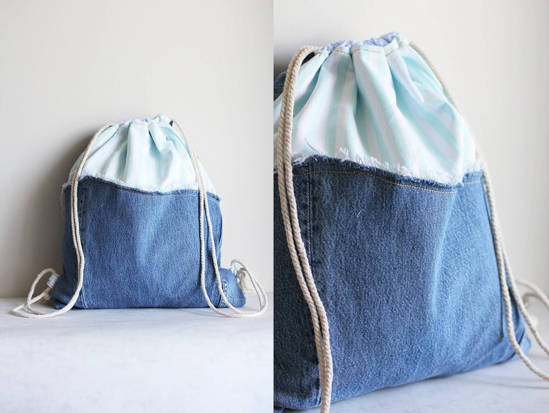 Kordelzug Rucksack Aus Mittelblauer Levi's Jeans, Mit Kordelzug Rucksack Aus Mittelblauer Levi's Jeans, Mit von SisuDenimStore