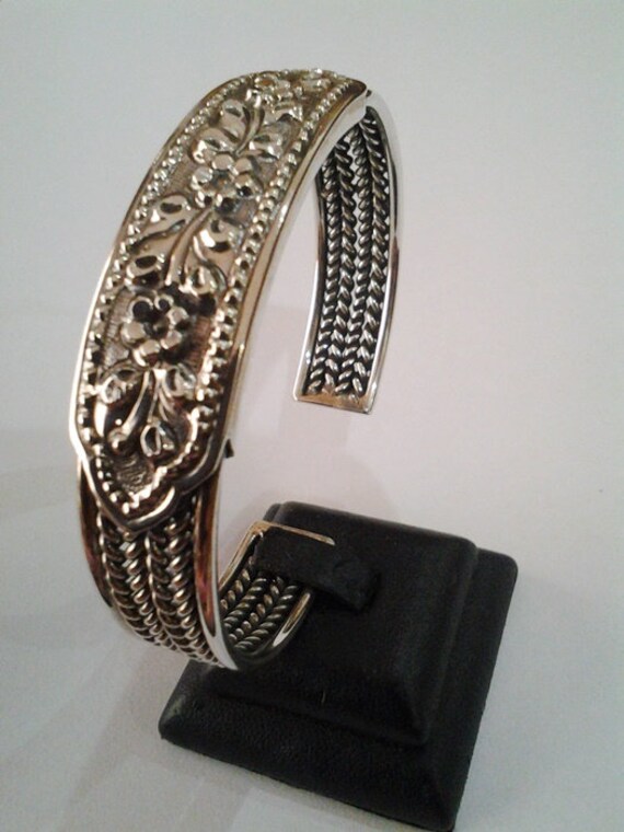 Männer/Frauen 925 Sterling Silber Manschette Armreif Floral Blumen Design Offen Armband Einstellbar 7, 0 " von SitaSilver