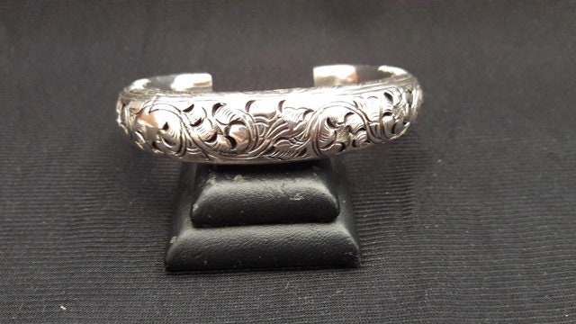Männer/Frauen 925 Sterling Silber Manschette Armreif Gravieren Blume Offene Armband Einstellbar 7, 0 " von SitaSilver