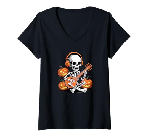 Damen Halloween Skelett Sitar Sitarspieler T-Shirt mit V-Ausschnitt von Sitar Gift For A Sitarist