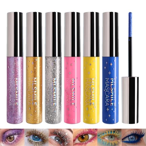 Sitovely 6 Farben Glitzer Mascara für Wimpern - Funkelnde Wasserfeste Diamant Verlängerung, Wischfest, Voluminös, Geschwungen - Blau/Violett/Gelb/Silber/Rot von Sitovely
