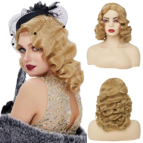 Siudus Blond 1920er Jahre Perücke Damen Finger Wave Perücke Blond Lange Lockig Vintage Flapper Synthetische Faser 30er Jahre Disco Haar Perücken für Cosplay Kostüm Halloween Party Verwendung von Siudus
