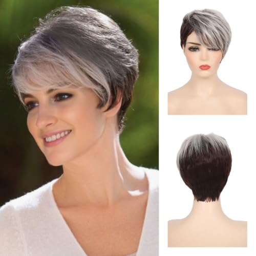 Siudus Grau Kurz mit Bangs Perücke Damen Pixie Cut Schichtes Haar Perücke Synthetische Hitzebeständige Faserperücken für den täglichen Gebrauch (Grau) von Siudus