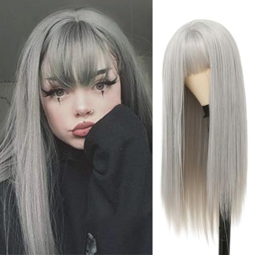 Siudus Grau Lange Gerade Frauen Perücke mit Pony Synthetische Hitzebeständige Faserperücke für den Täglichen Cosplay Gebrauch von Siudus